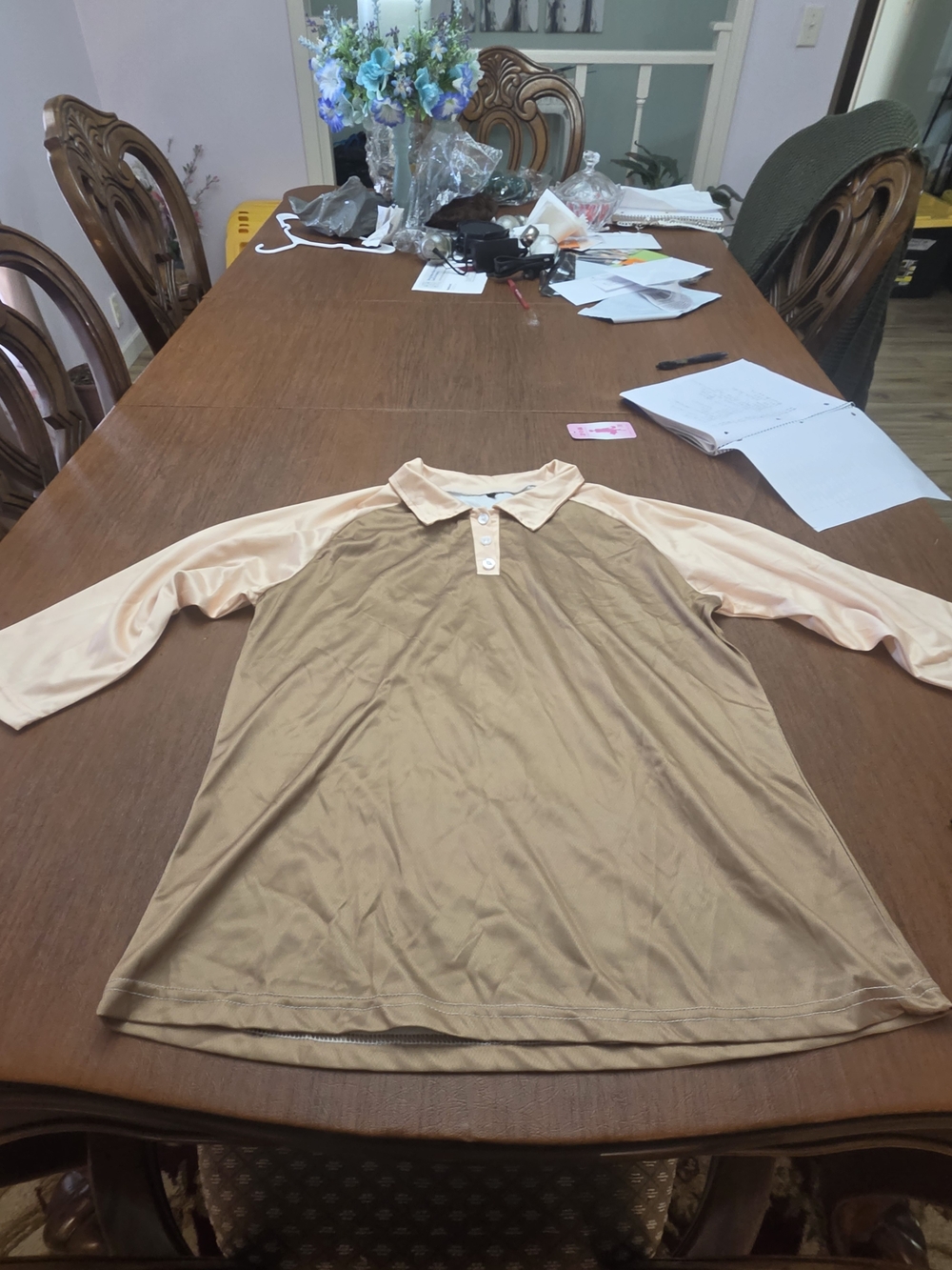 Women’s Colorblock Button-Down Polo Shirt in Beige and Light Peach